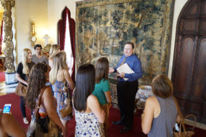 FSU interior design students tour Ca' D'Zan with the mansion's curator, Ron McCarty. Associate Professor Karen Myers brings a group of students from Tallahassee to Sarasota each summer to visit the John and Mable Ringling mansion and learn more about the business of interior design for high-end homes. Staff photo / Harold Bubil; 7-15-2015.