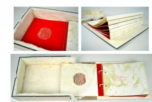 3 pictures of tan and red book