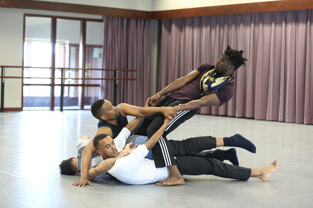Photo: Shamar Watt (BFA ‘15) and fellow collaborators rehearse MANCC Artist Cynthia Oliver’s Virago-Man Dem. Credit: MANCC photo by Chris Cameron