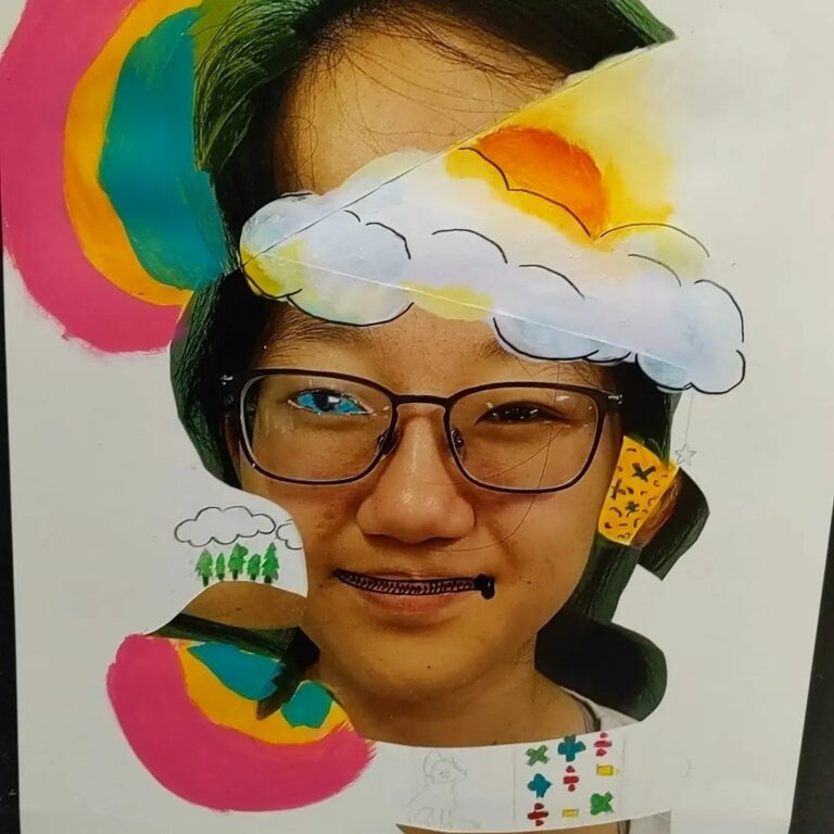 A collage with the face of a young girl and rainbows.