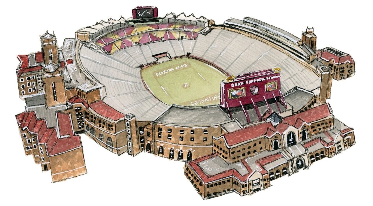 A watercolor painting of Doak Campbell Stadium from above.