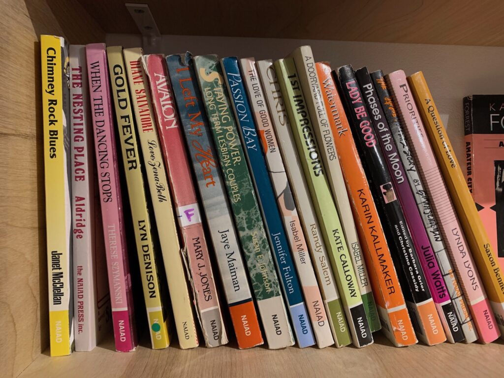 Colorful paperback books sit on a shelf.