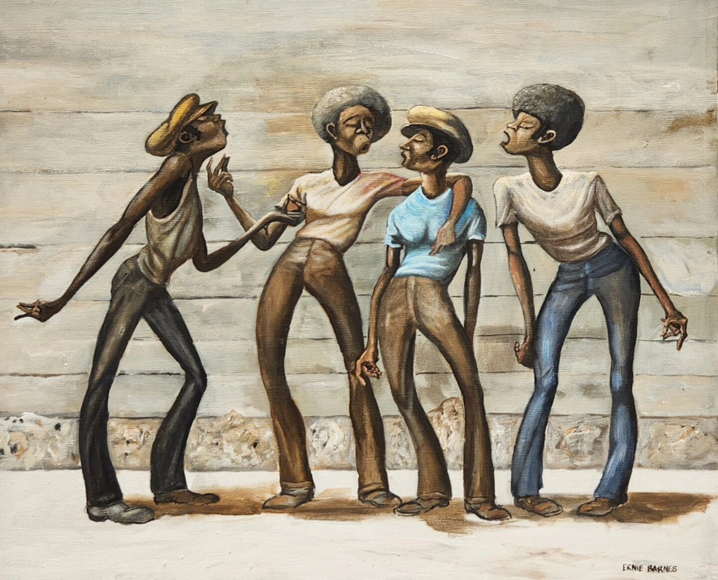 Four young men singing on a street.