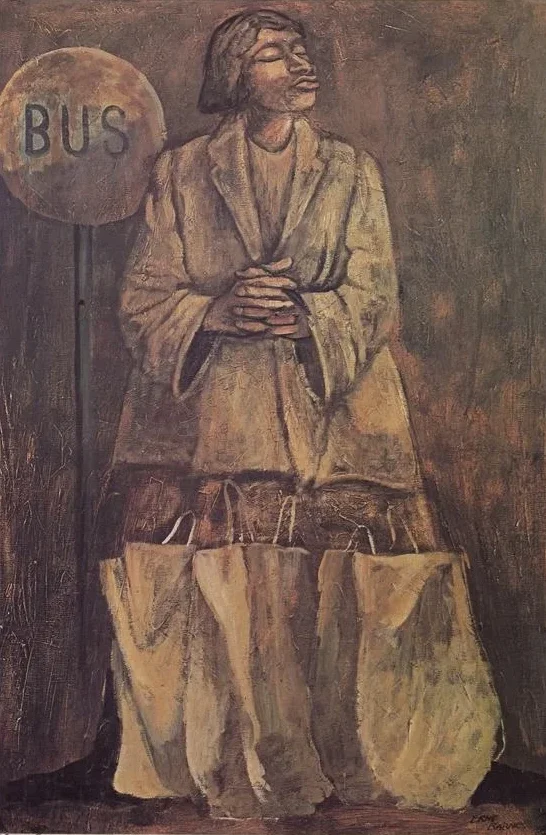 A woman with groceries at a bus stop.