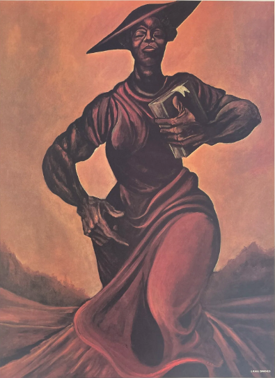 A woman in a red hat and dress carrying a bible.