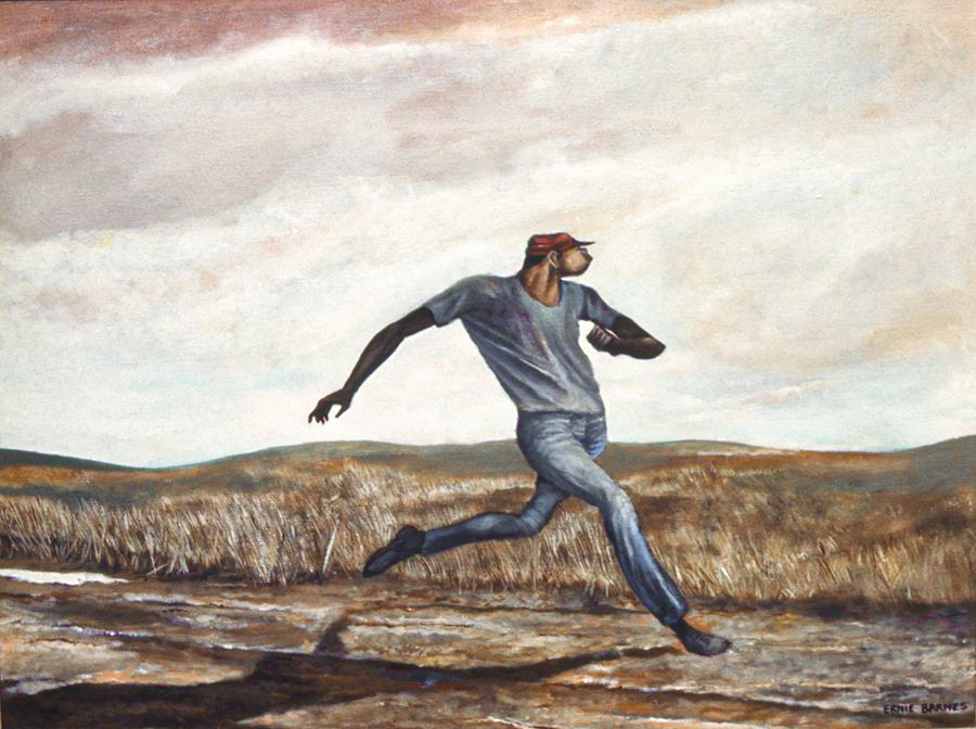 there is a painting of a baseball player running in a field