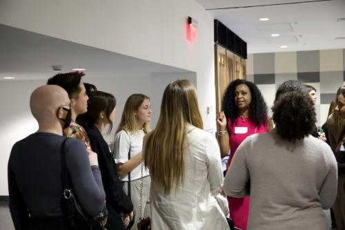 Dionne Jefferson (BS 1998) meets students at the reception.