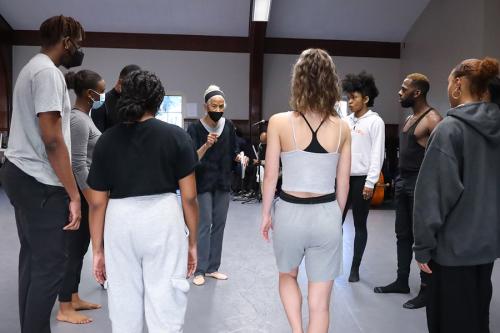 Ms. McIntyre talks with her dancers and FSU students during “In the Same Tongue” rehearsal during MANCC residency. (Chris Cameron)